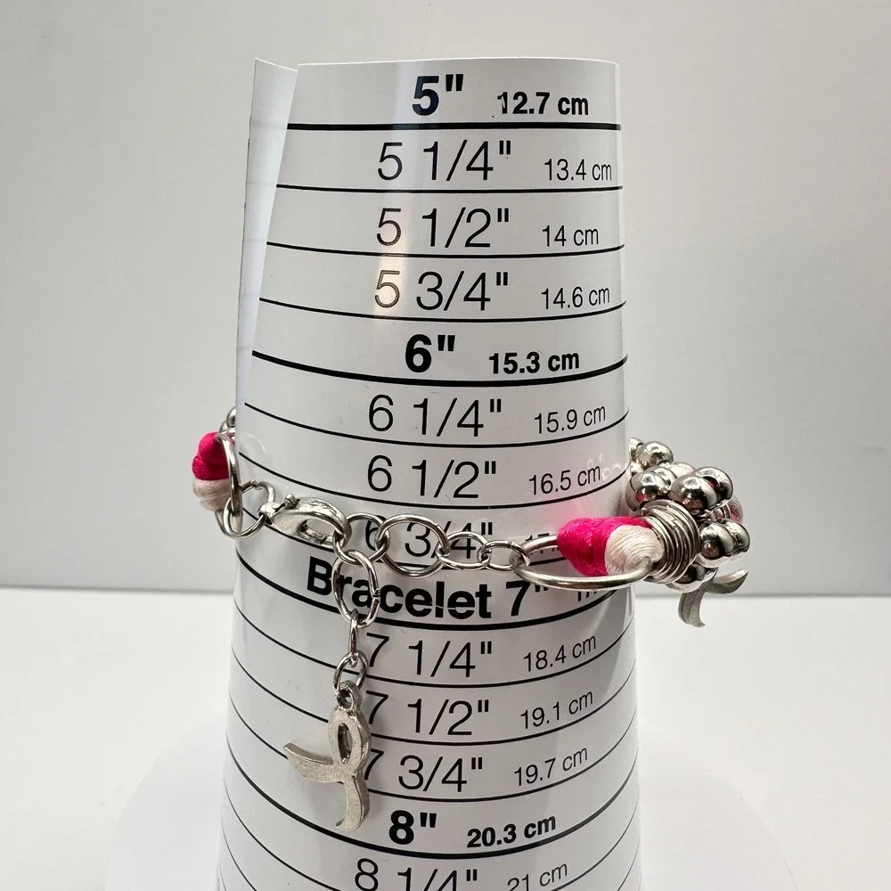 Vintage 90s Silk‎ Ribbon Breast Cancer Awareness Bracelet Silver Tone Beaded Y2K